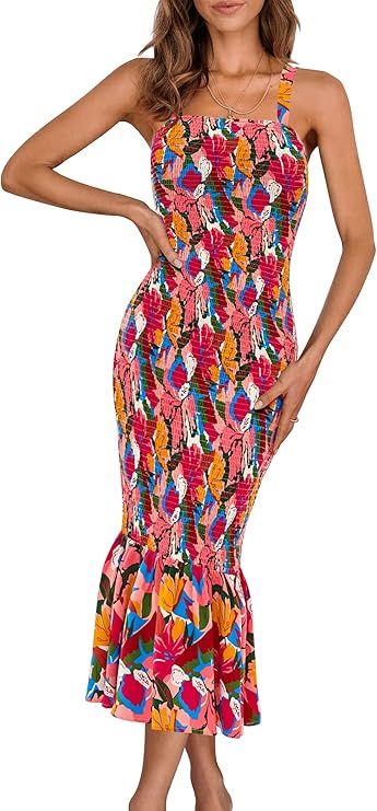 PRETTYGARDEN Women's Summer Floral Midi Tank Dress Sleeveless Strappy Ruffle Hem Smocked Bodycon ... | Amazon (US)