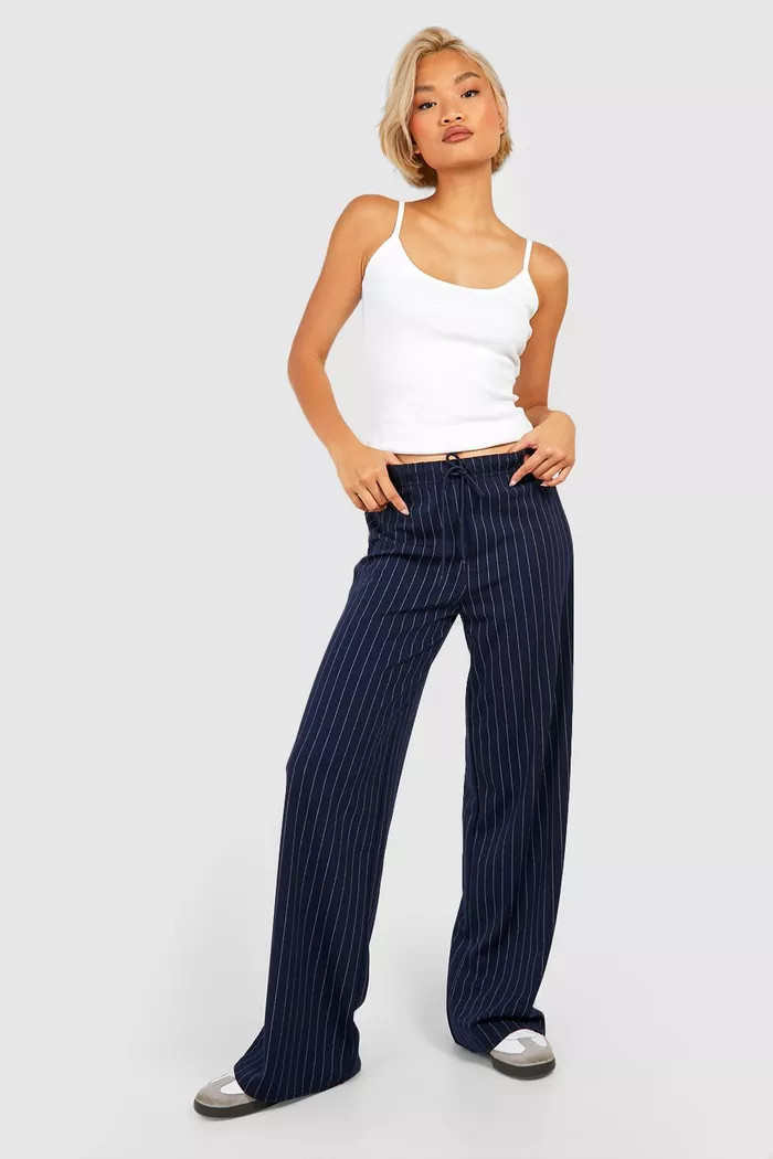 Pinstripe Drawcord High Waisted Wide Leg Pants | boohoo (US & Canada)