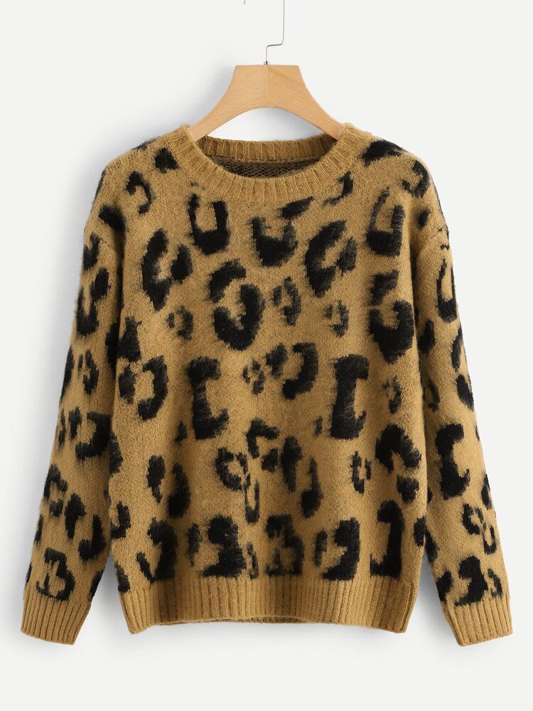 Leopard Print Fuzzy Sweater | SHEIN