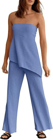 Tankaneo Womens 2 Piece Outfits Asymmetrical Tube Top Wide Leg Pants Knit Vacation Travel 2026 Ma... | Amazon (US)