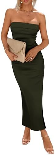 PRETTYGARDEN Women's Summer Bodycon Maxi Tube Dress Ribbed Strapless Side Slit Long Going Out Cas... | Amazon (US)