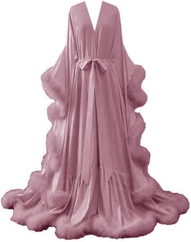 yinyyinhs Womens Sexy Feather Bridal Robes Silk Satin Maternity Robes For Photoshoot Long Nightgo... | Amazon (US)