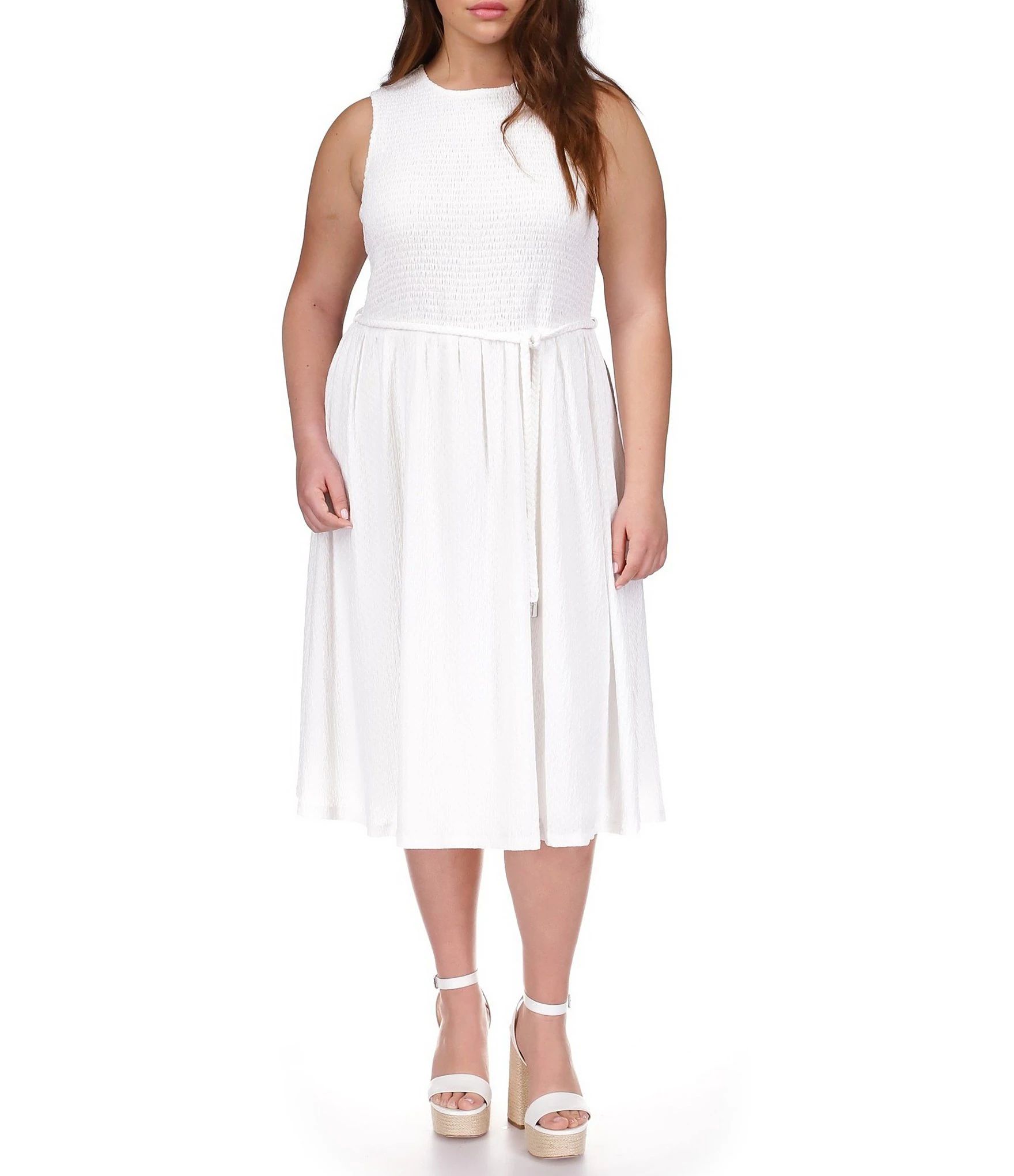 Plus Size Crew Neck Sleeveless Tie Waist Midi A-Line Dress | Dillard's
