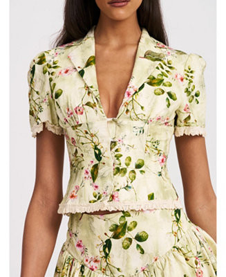 Women Zanella Green Floral Print Lace Trim Linen Top | Macy's