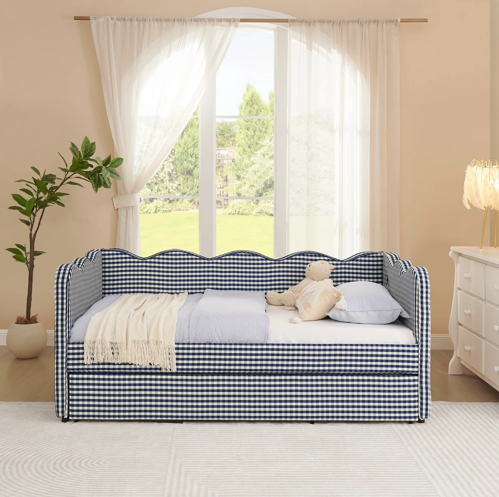 Twin Size Linen Fabric Cozy Gingham Daybed with Trundle, Sofa Bed and USB Port | Wayfair North America