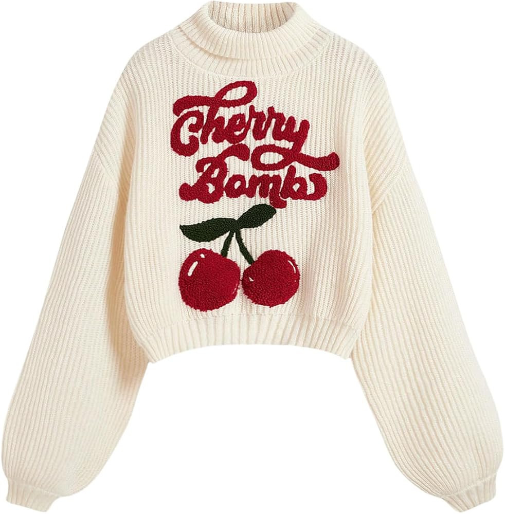 Women's Cherry Embroidered Turtleneck Sweaters Long Sleeve Knit Pullover Tops Knitwear | Amazon (US)