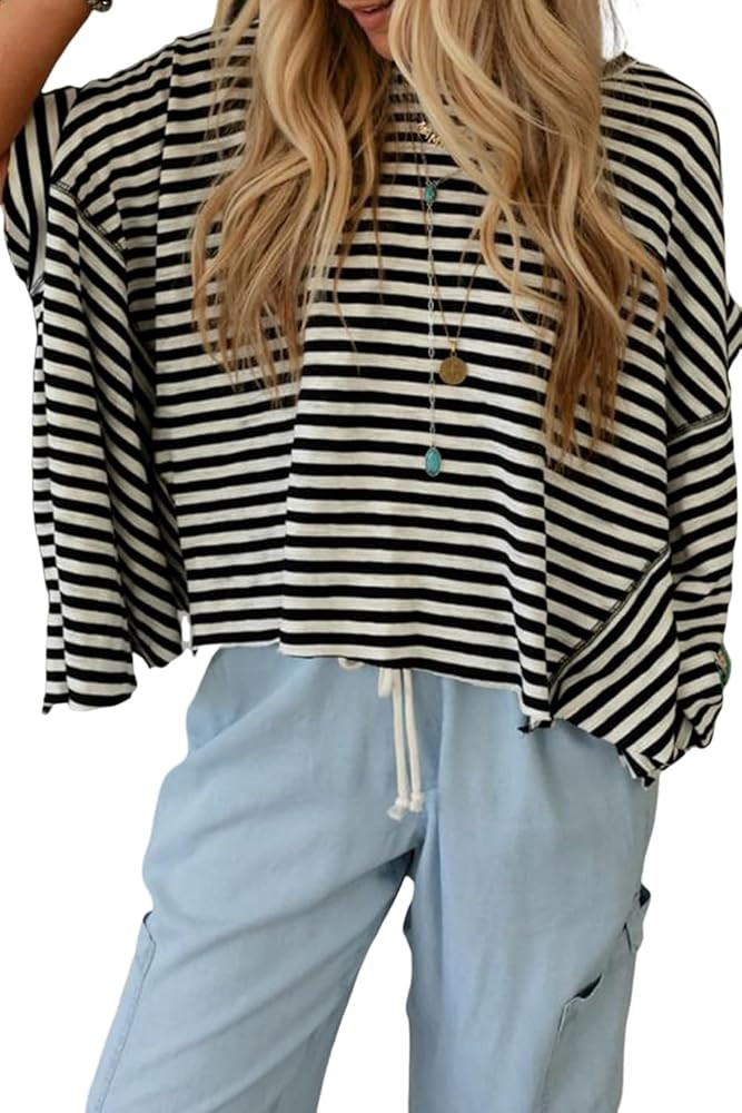 KevaMolly Womens Tshirts Tops Batwing Sleeve Crewneck Oversized Top Short Sleeve Casual Striped D... | Amazon (US)