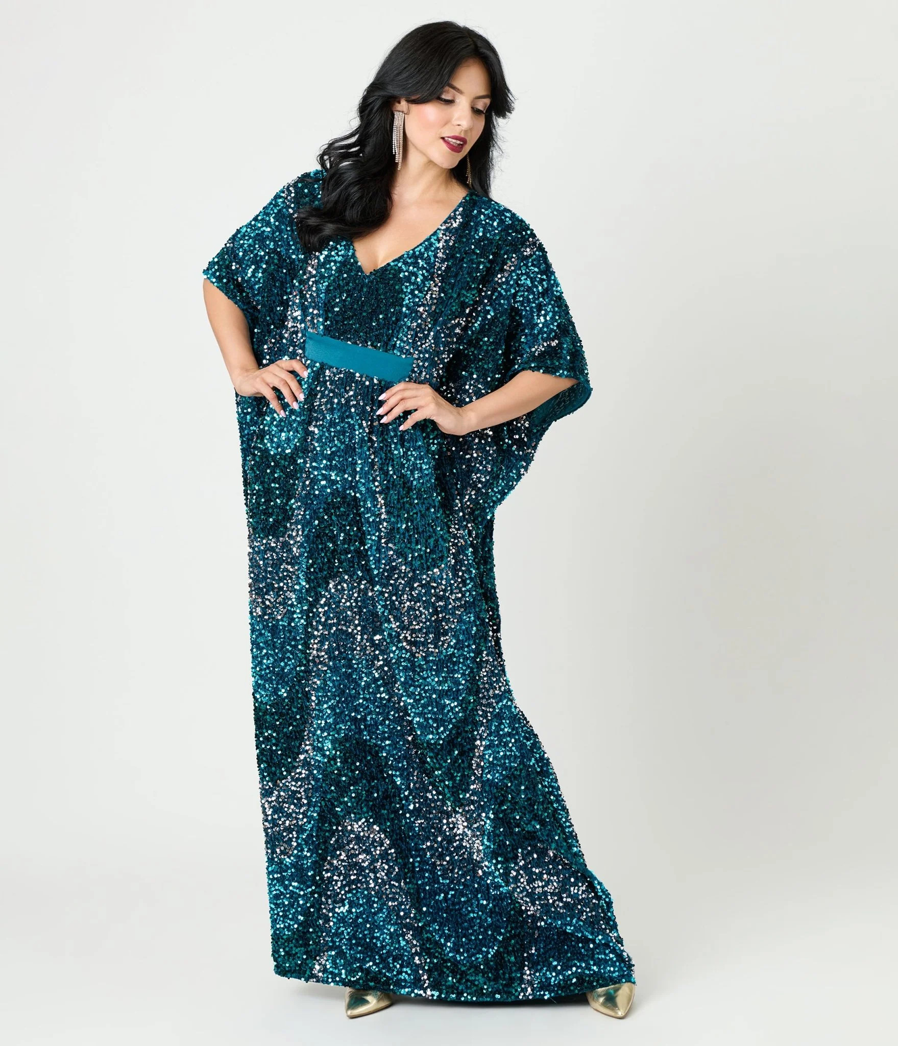 Unique Vintage Teal Sequin Burton Caftan Dress | UniqueVintage