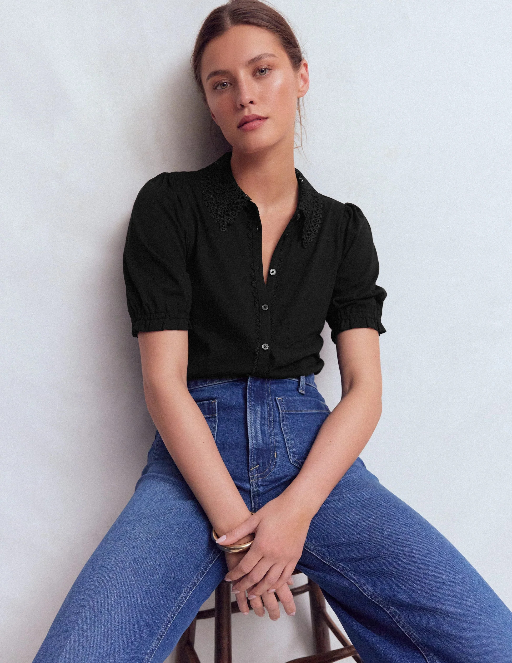 Nessa Broderie Collar Blouse-Navy & Ivory Spot Print | Boden (US)