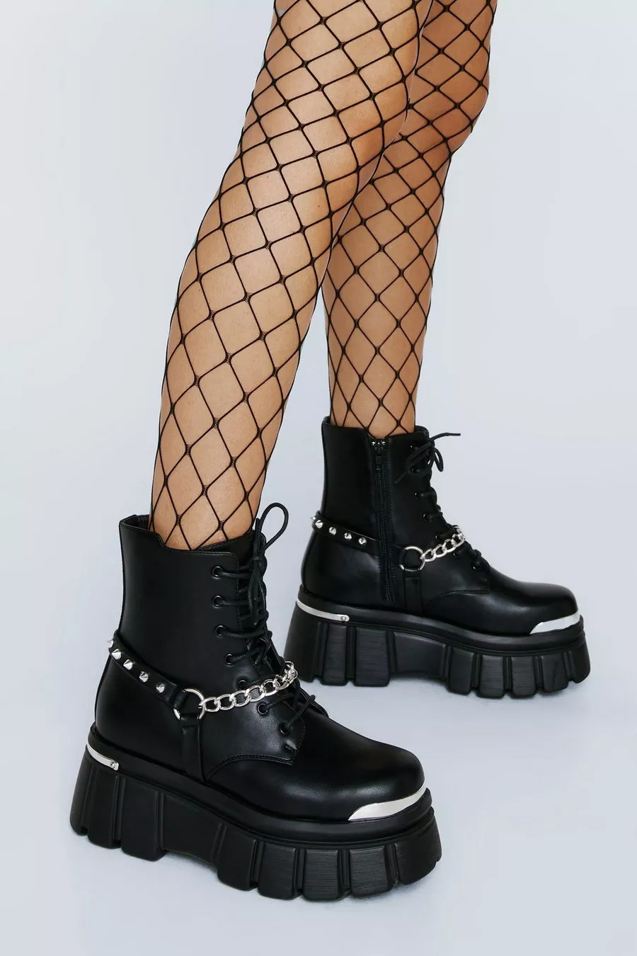 Faux Leather Chain & Stud Detail Platform Boot | Nasty Gal (US)