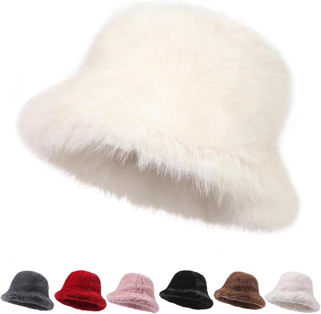Argumub Furry Bucket Hats for Woman Wide Brim Faux Fur Bucket Hat Winter Warmer Fisherman Cap | Amazon (UK)