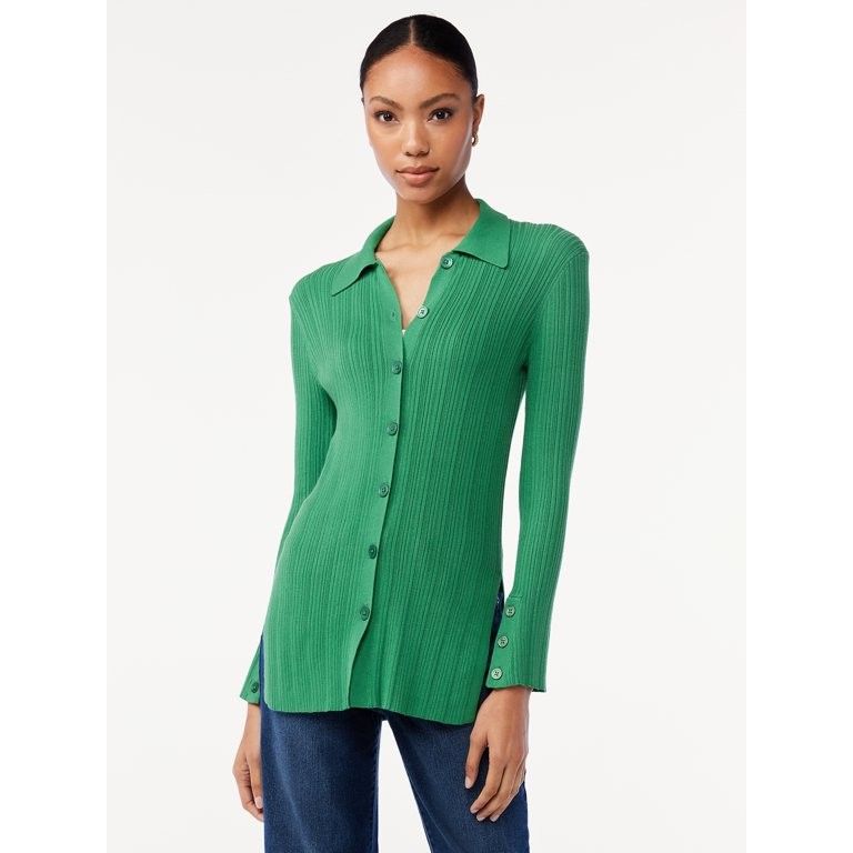 Scoop Women's Knit Button Front Shirt with Collar | Walmart (US)