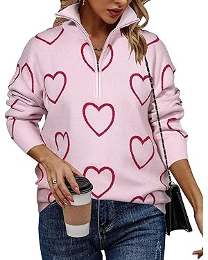 Heart Sweater for Women V Neck Valentines Sweatshirt Quarter Zip Pullover Ribbed Knitted Sweaters... | Amazon (US)