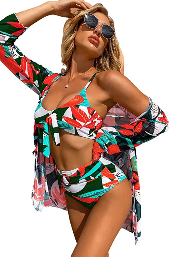 OYOANGLE Women's 3 Piece Hawaii Leaf Print Swimsuit Tie Front High Waist Bikini with Kimono Cover... | Amazon (US)