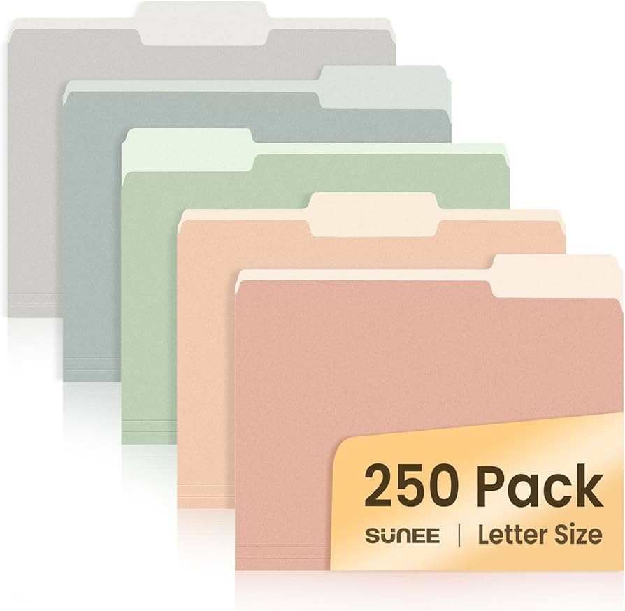 SUNEE File Folders Letter Size Pastel Colors, 250 Pack Manilla Folders 8.5 x 11 1/3-Cut Tabs, Col... | Amazon (US)