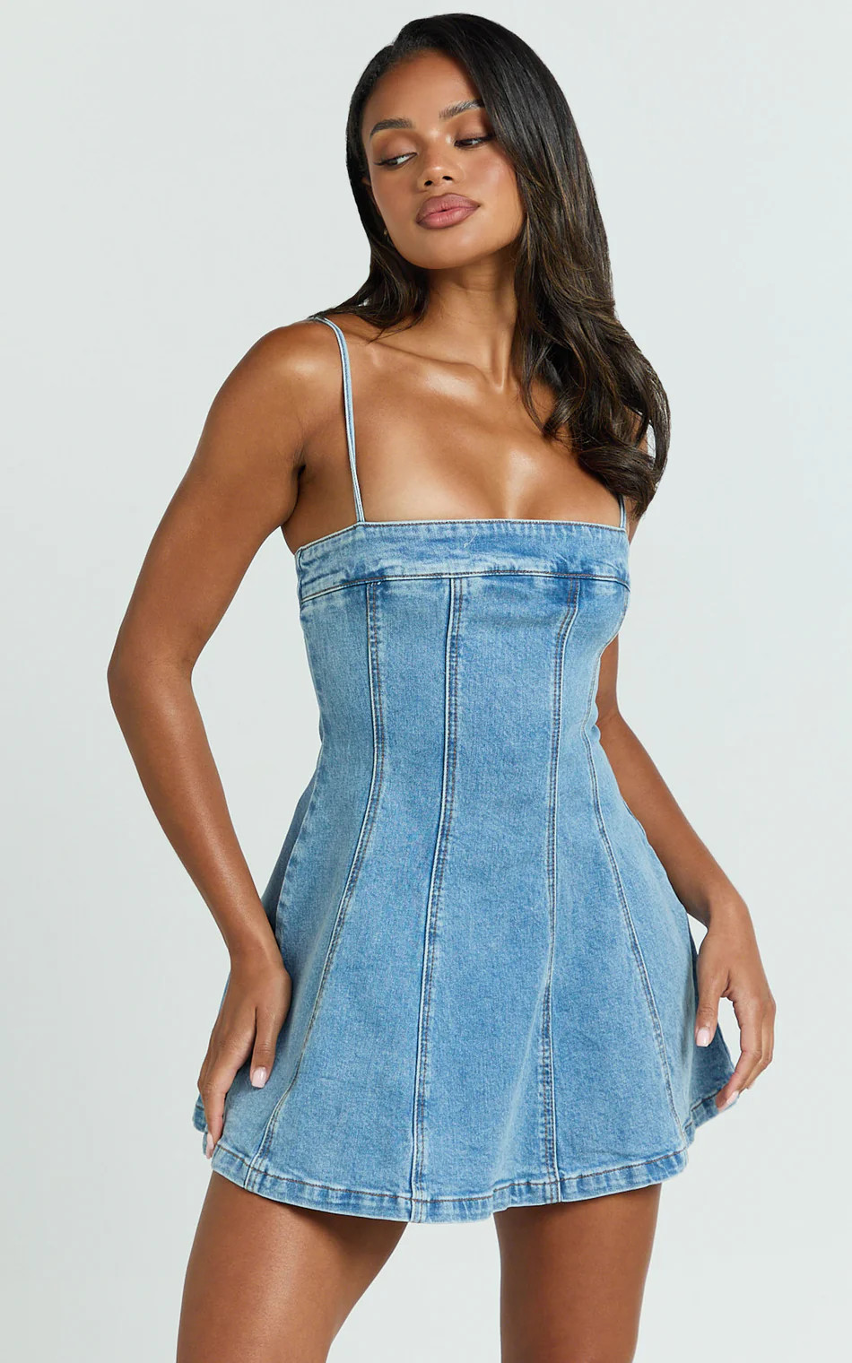 Sally Mini Dress - Straight Neck Fit and Flare Denim Dress in Mid Blue Wash | Showpo (US, UK & Europe)
