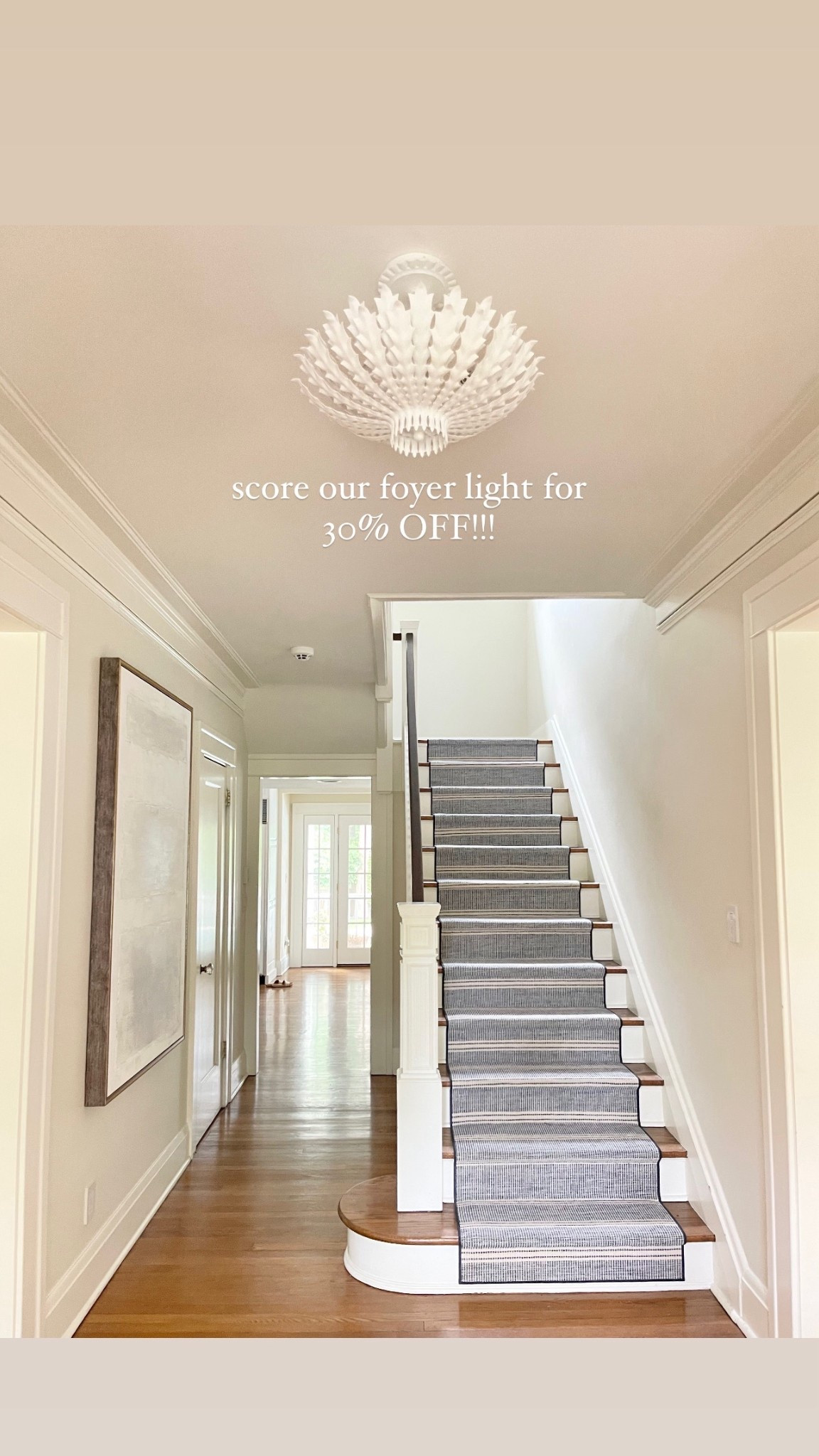 I loooove our white foyer light/chandelier!! And I found it for 30% OFF for a limited time (and shipping isn’t too bad either!!) Comes with a long chain so doesn’t have to be a short as ours is here. 🤍

Also linked the brand & pattern for our stair runner! Large art was a HomeGoods find 🙌🏻

#LTKHome #LTKSaleAlert