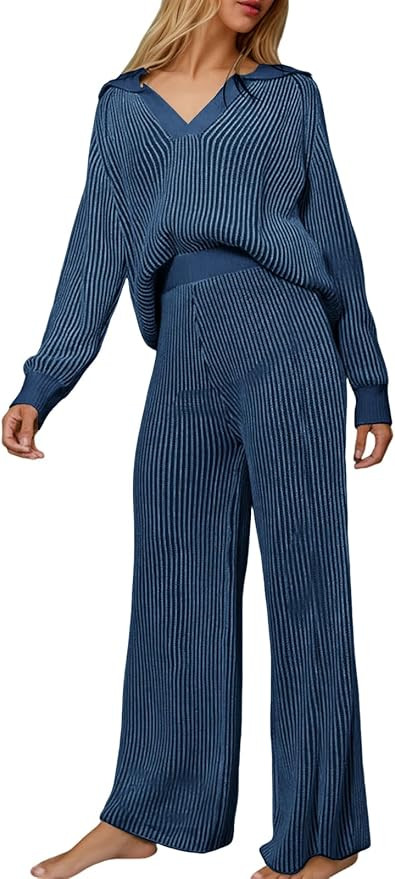Fisoew Womens 2 Piece Outfits Striped Lounge Sets Knit V Neck Sweaters Casual Wide Leg Pants Loos... | Amazon (US)