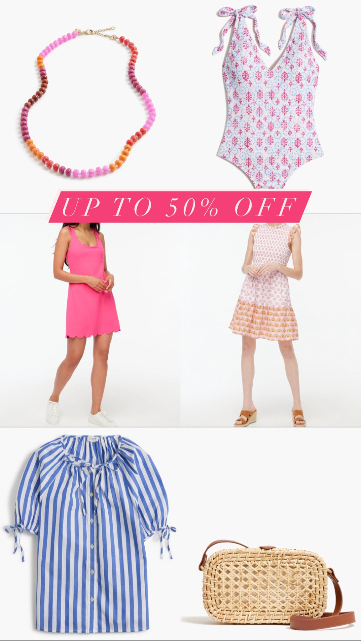 J. Crew Factory up to 50% off these fun summer styles! Loving the beaded necklace & striped top best 😍 #JCrewFactory #JCrew #summerstyle #stripedtop #onepieceswim 

#LTKsalealert #LTKunder50 #LTKswim