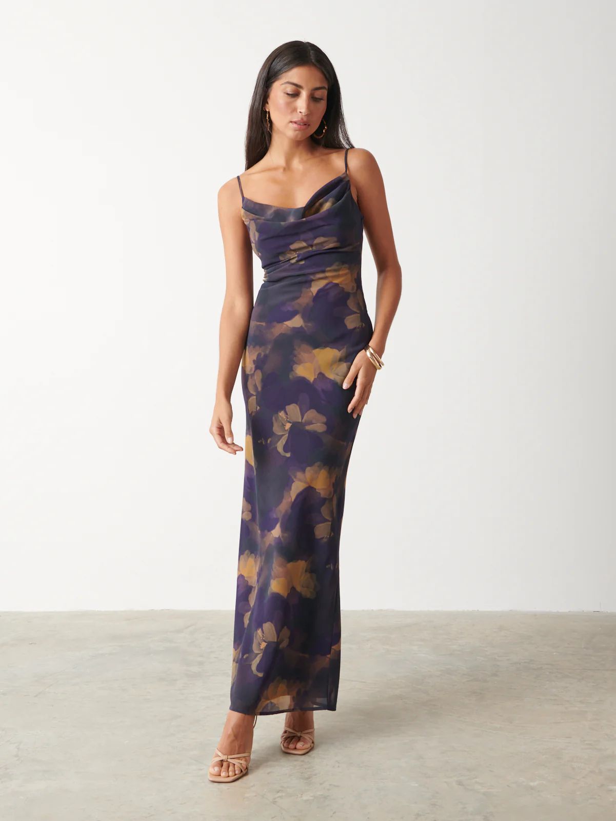Keisha Printed Chiffon Maxi Dress - Dark Amethyst & Saffron Floral | Pretty Lavish (UK)