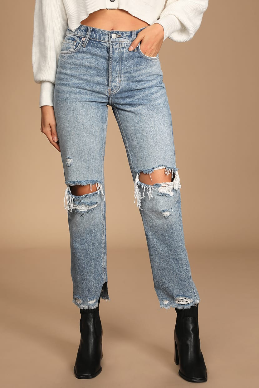 Tapered Baggy Light Wash Distressed High Rise Boyfriend Jeans | Lulus (US)