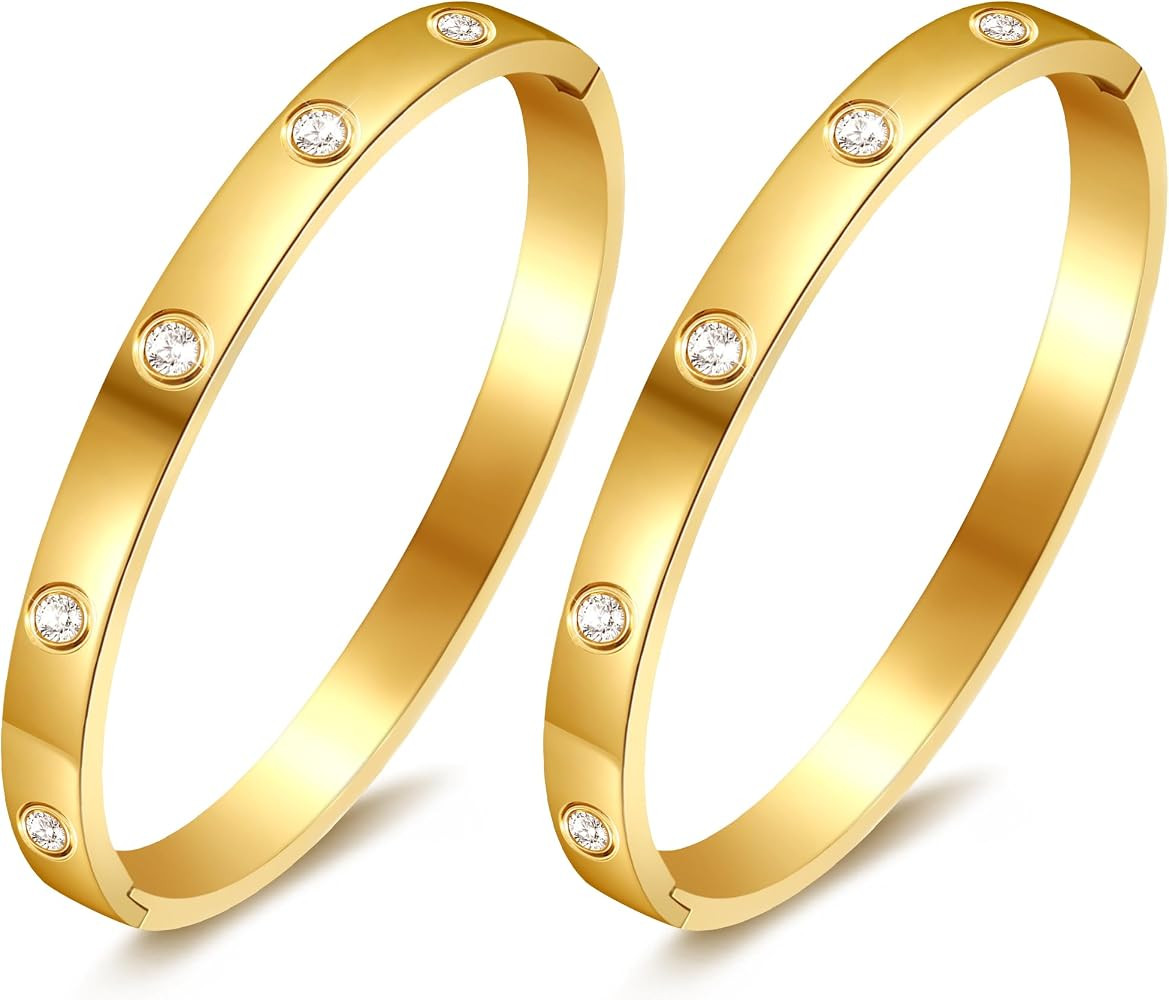 2PCS Gold Bracelets for Women - 18K Gold Plated Bangle Bracelets with Cube Zirconia,Perfect Gifts... | Amazon (US)