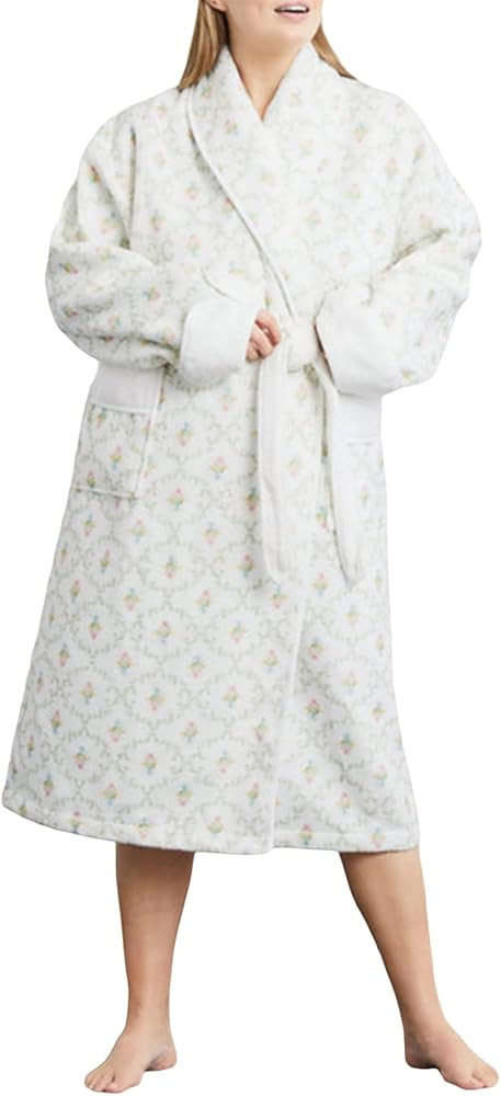 Long Fleece Robe Women Cute Print Long Sleeve Shawl Collar Side Pockets Bathrobe Plush Warm Fuzzy... | Amazon (US)