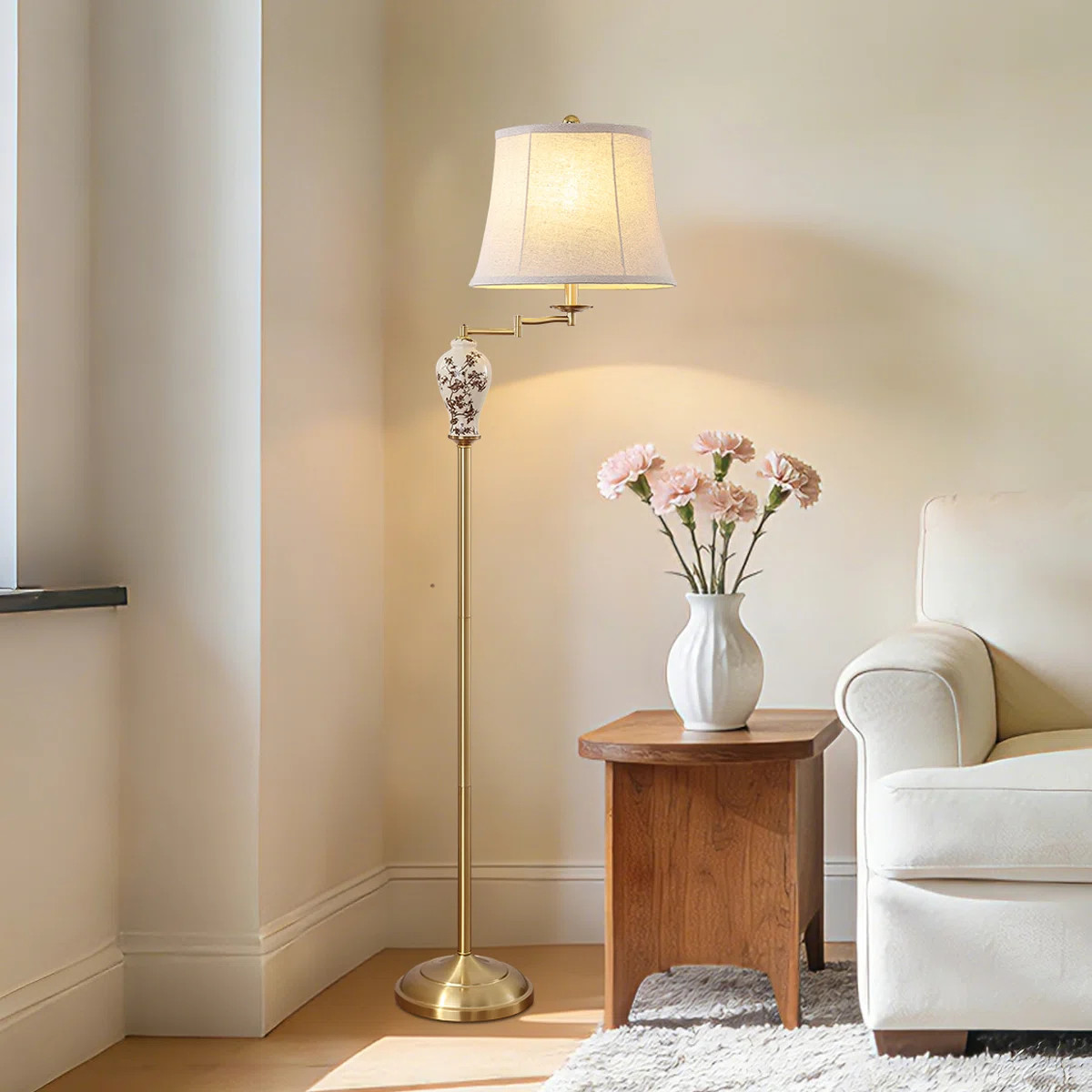 63" Ivory Porcelain Swing Arm Floor Lamp With Brown Floral & Bird Design And Linen Shade， Adjus... | Wayfair North America