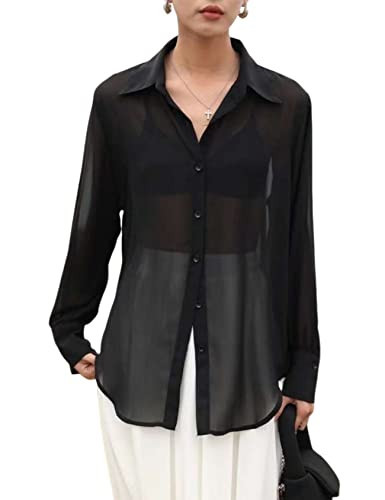 Arssm Sheer Tops for Women Sheer Button Up Blouse Long Sleeve Sexy See Through Tops Mesh Shirts(Black-M) | Amazon (US)