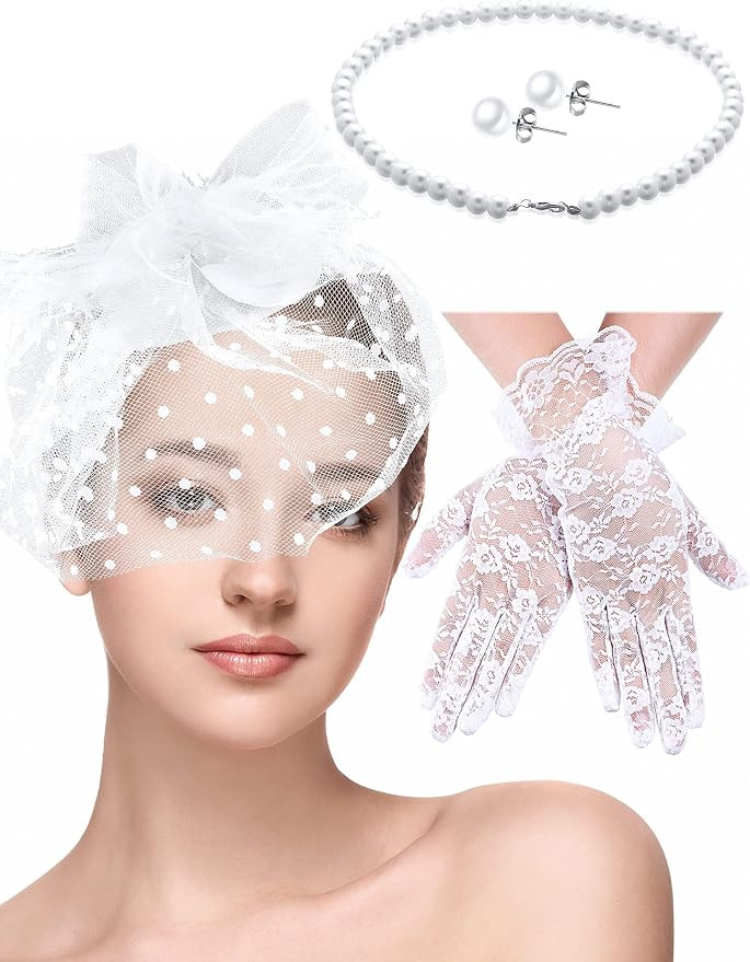 4 Pcs 50s Fascinators Hat for Women Tea Party with Short Lace Gloves Pearl Necklace Earrings for ... | Amazon (US)