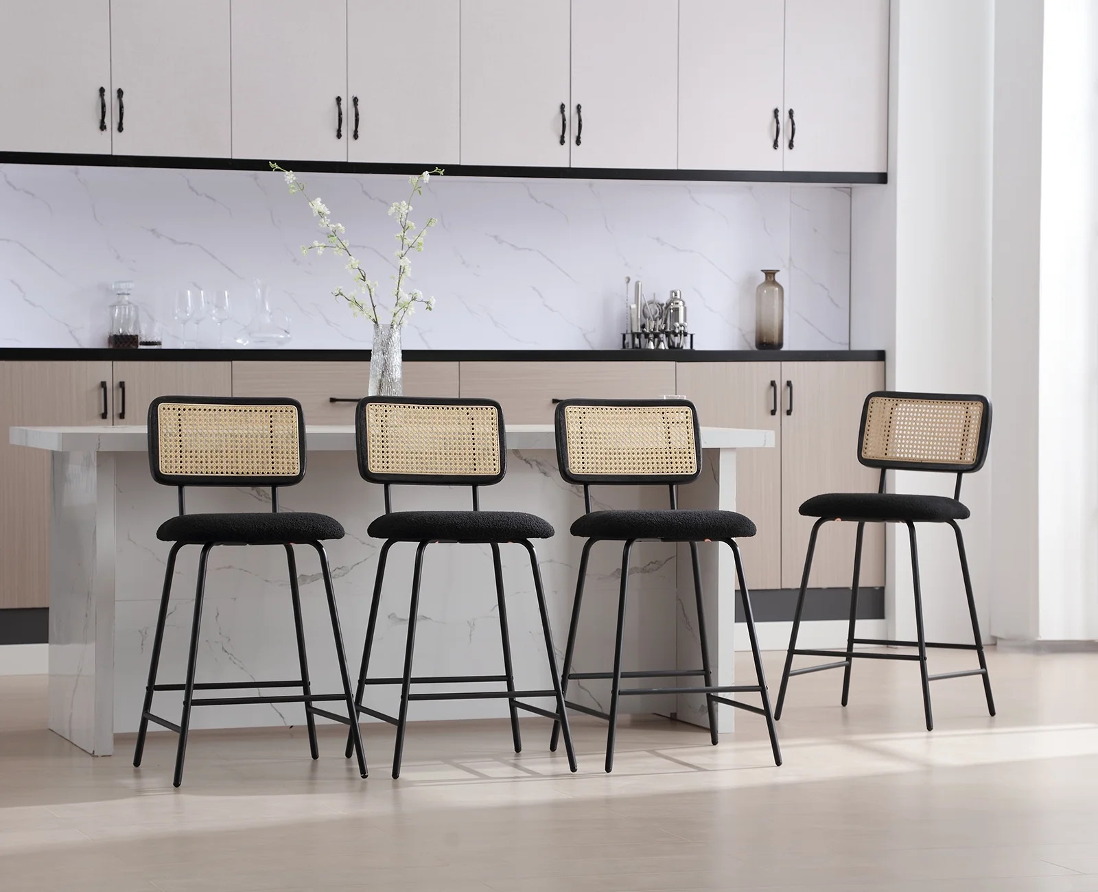 Dayalane 26" Rattan Bar Stools Set of 4, Modern Sherpa Counter Height Barstools with Cane Back, K... | Walmart (US)