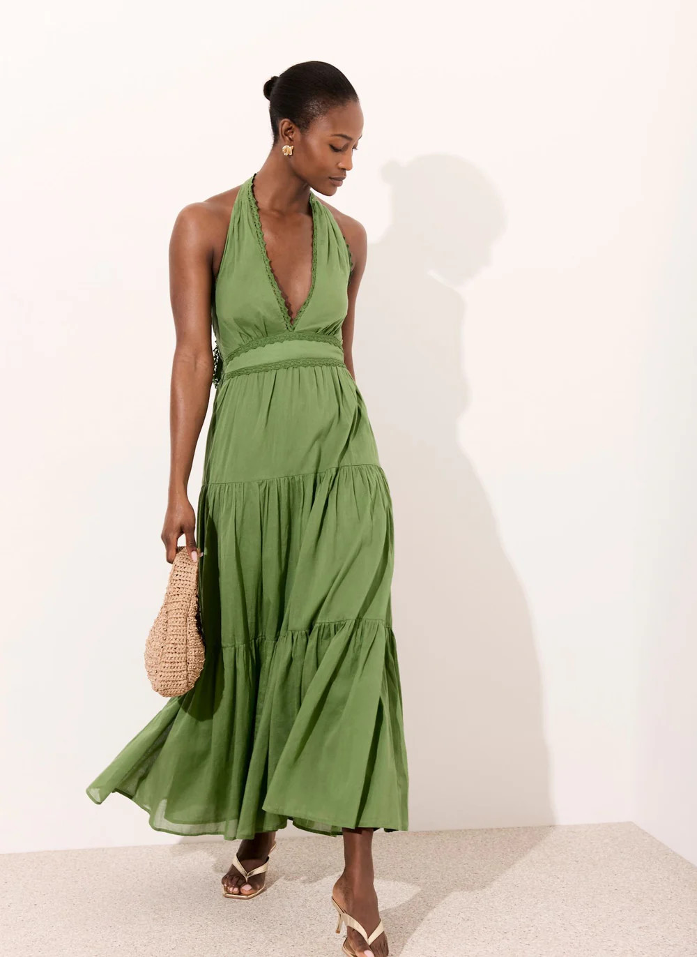 Green Cotton Halter Maxi Dress | Mint Velvet