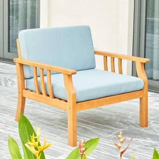Nautical Curve Eucalyptus Wooden Outdoor Sofa Chair Couch with Teal Cushion | The Home Depot