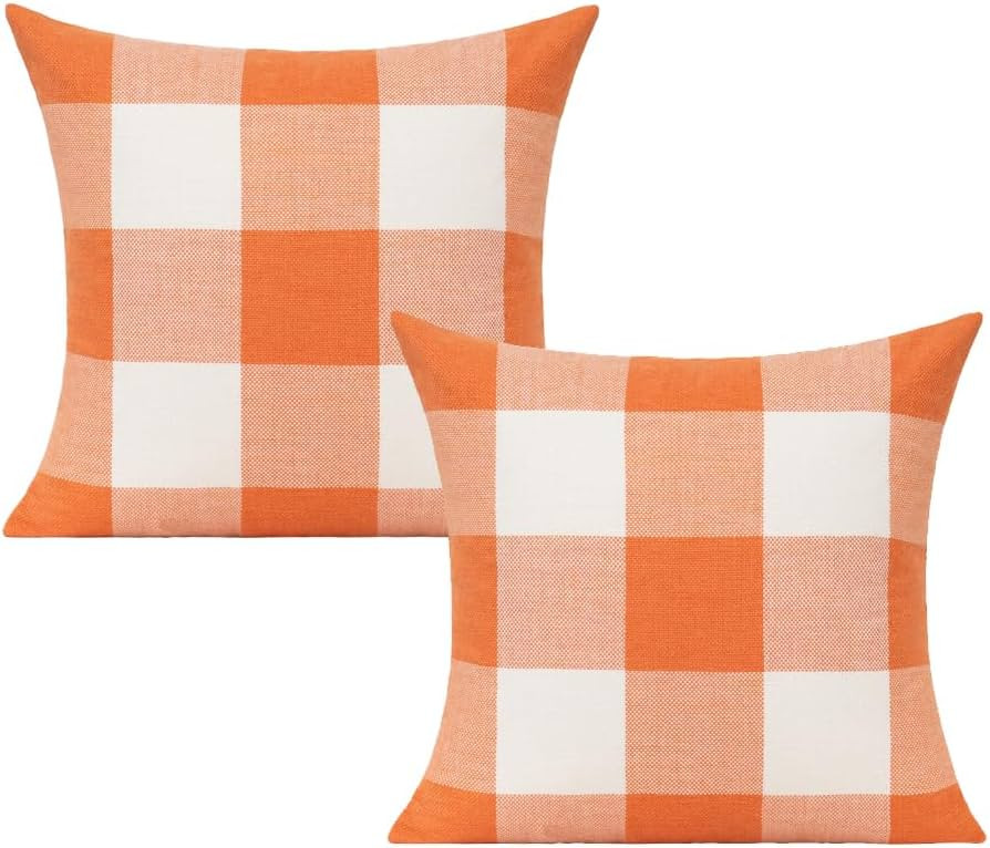 VAKADO Fall Outdoor Decor Throw Pillow Covers 18x18 Set of 2 Orange Buffalo Plaid Thanksgiving Fr... | Amazon (US)