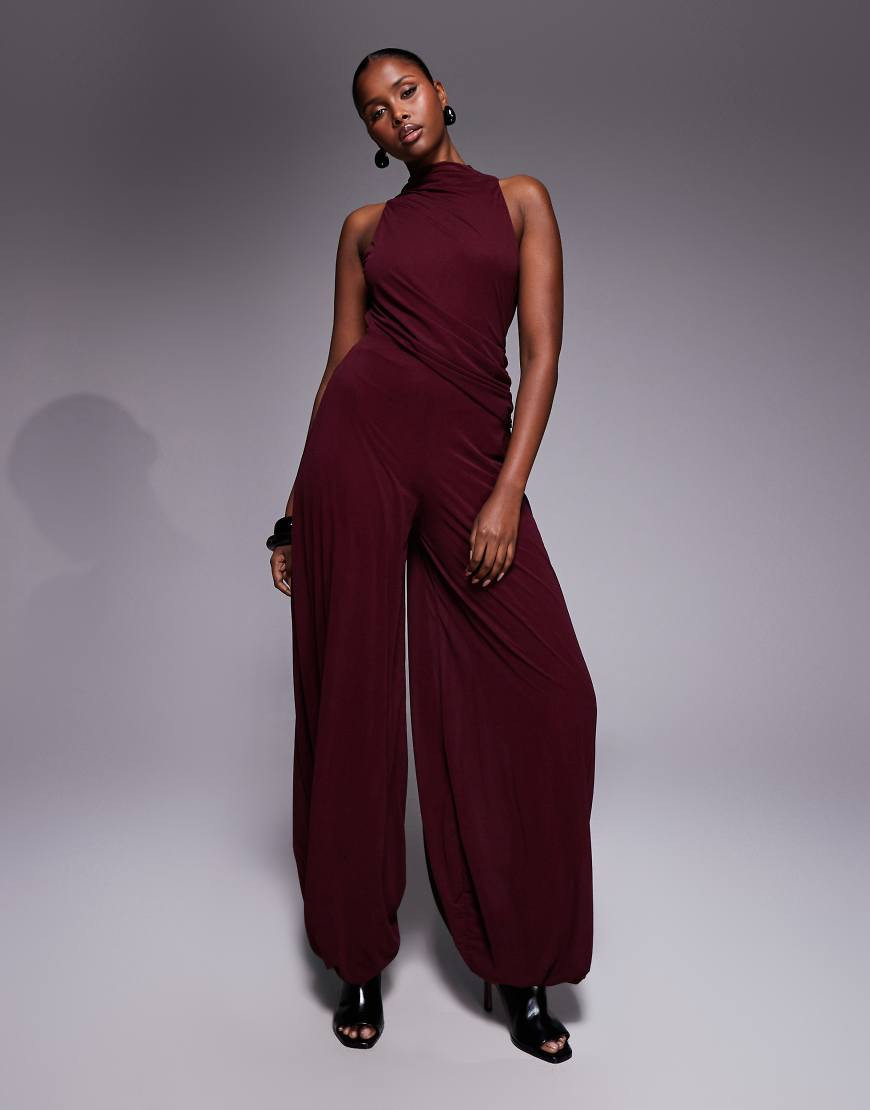 ASOS DESIGN peplum balloon pants jumpsuit in wine-Red | ASOS (Global)