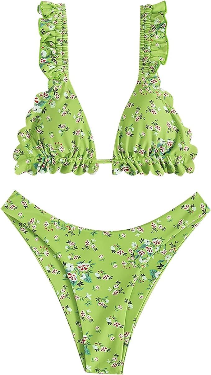 heizi Women's Textured Tie String Bikini Swimwear Triangle Smocked Bikini Swimsuits, Bikini Set P... | Amazon (US)