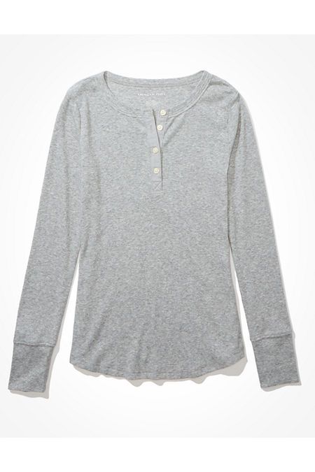 AE Long Sleeve Henley T-Shirt Women's Heather Gray XXL | American Eagle Outfitters (US & CA)