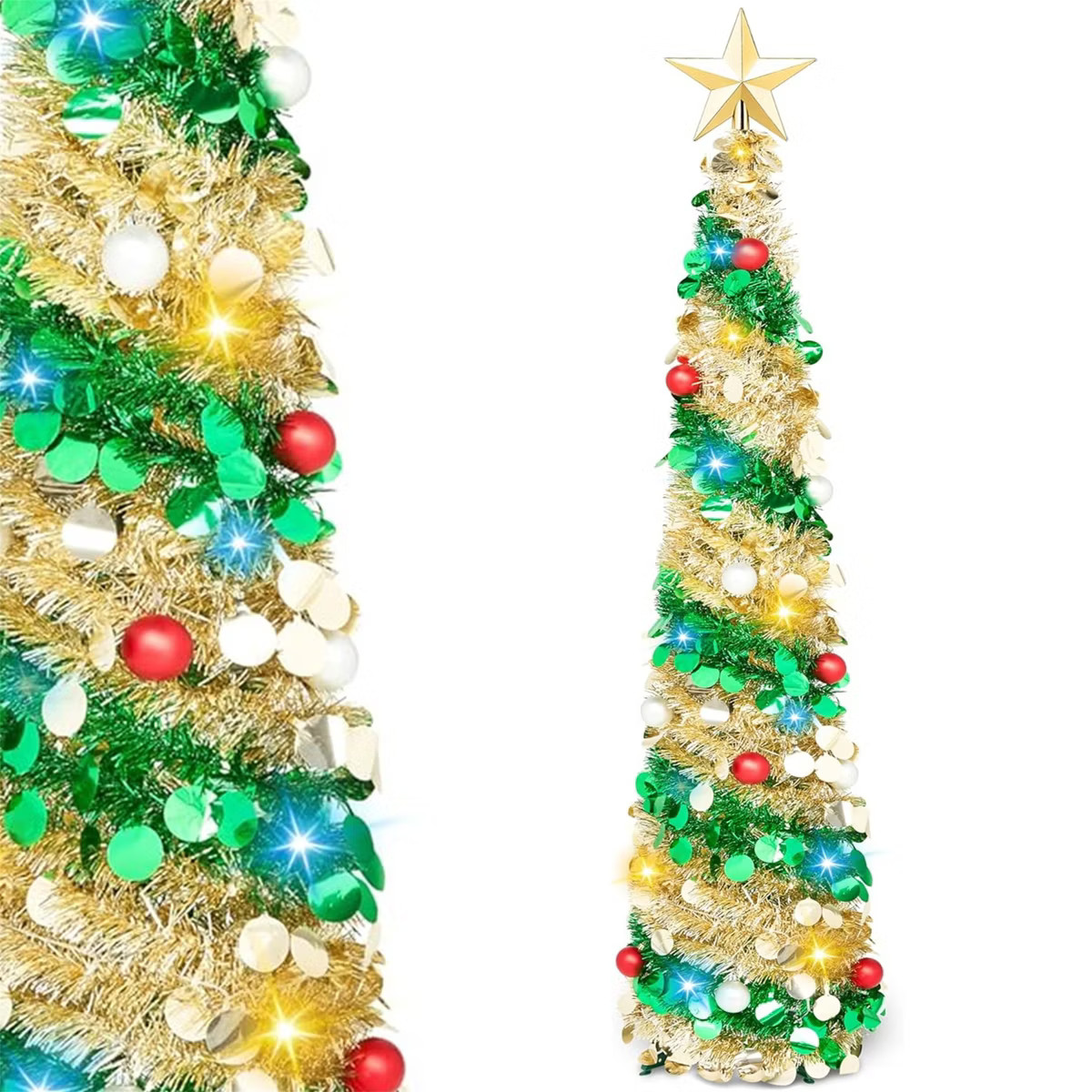 JOYFY 5 FT Tinsel Christmas Tree, Pre Lit Collapsible Tree with 50 LED Lights and Ornaments for H... | Target