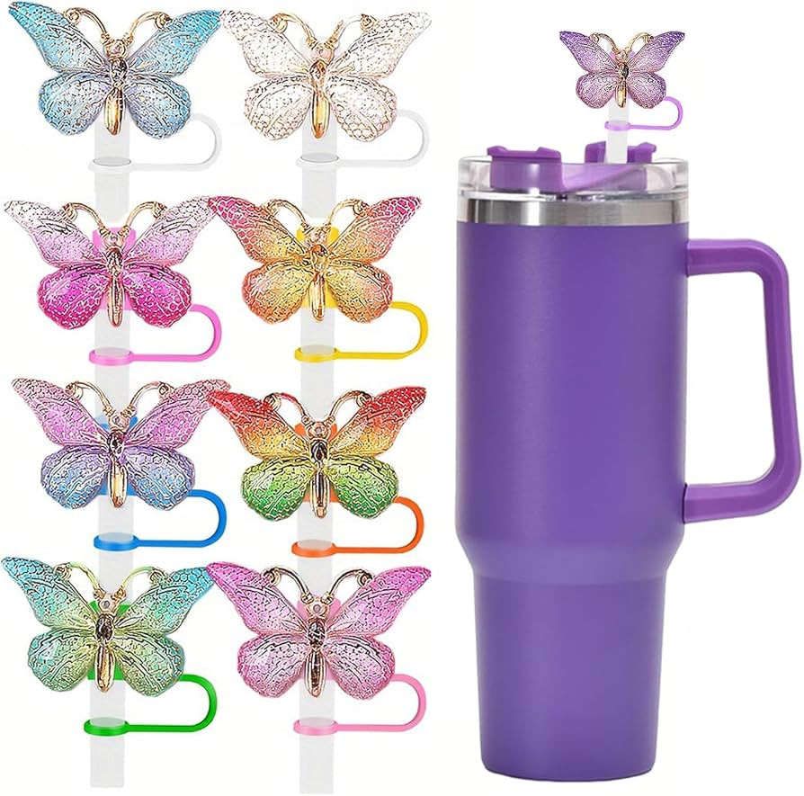 9Pcs Butterfly Straw Topper, 10mm (0.39inch) Silicone Covers for Stanley Cup, Colorful Butterfly ... | Amazon (US)