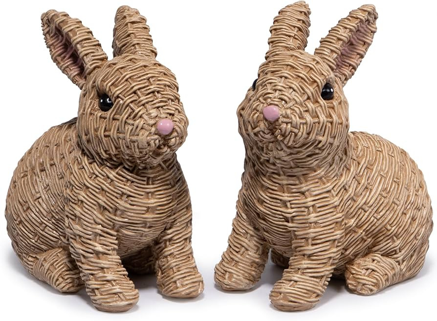 Hodao Set of 2 Woven Easter Bunny Figurines - 4.8" Tall White Rabbit Resin Sculptures with Handcr... | Amazon (US)