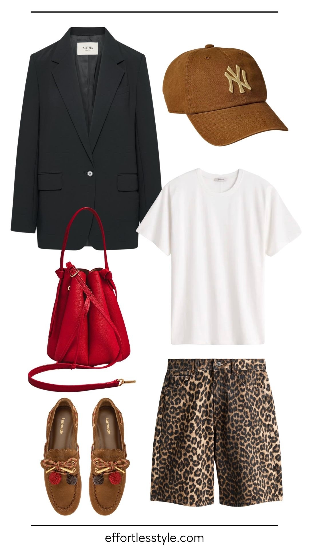 This is the outfit that proves Bermuda shorts work with everything. A black blazer, white tee, and leopard print bermuda shorts create an effortless but put-together vibe. Add brown loafers and a structured red bag for instant polish. It’s the perfect look for running errands, casual Fridays, or coffee with friends.

#LTKgrwm #LTKdayinmylife #LTKootd