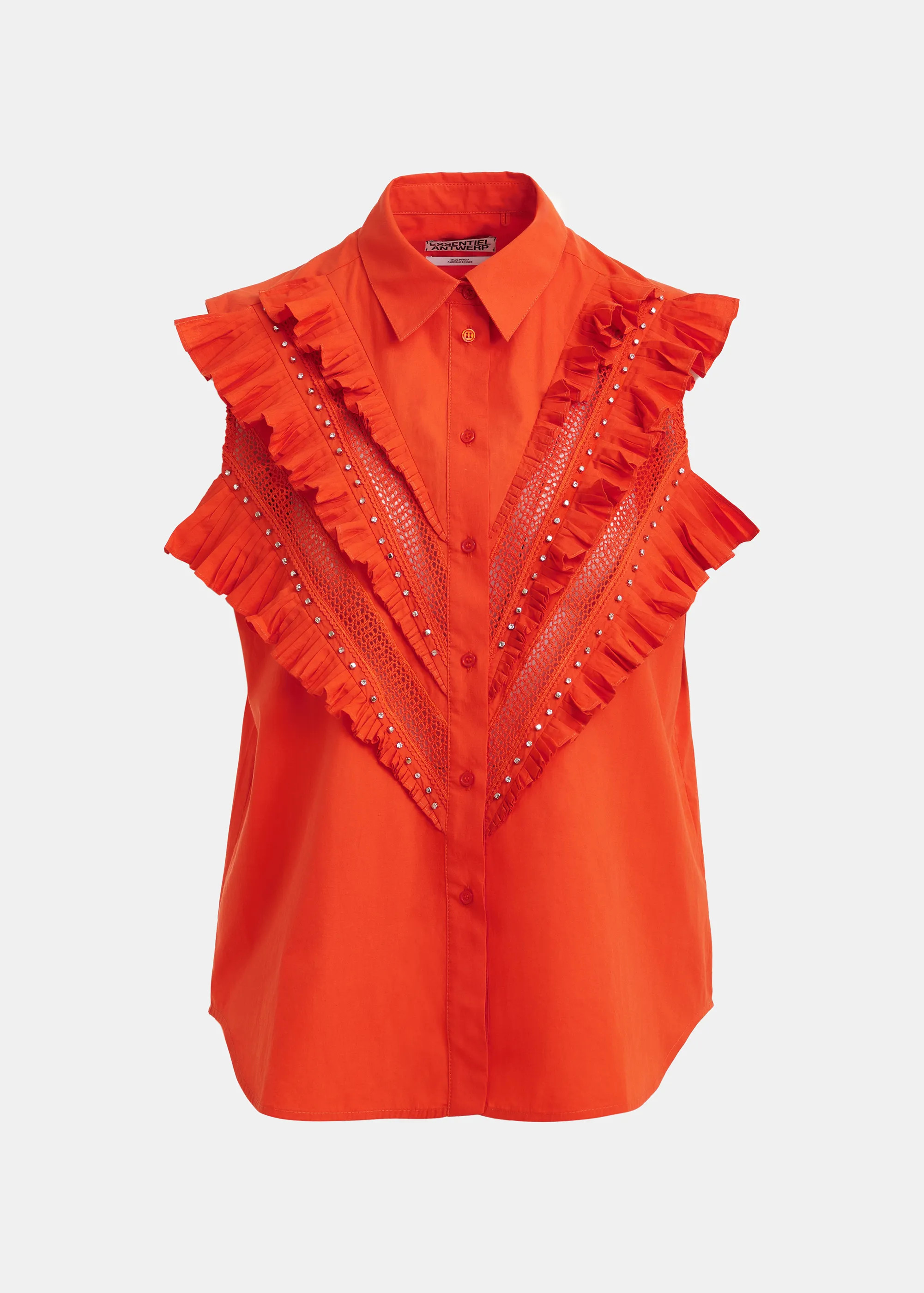 Orange embellished sleeveless cotton shirt with ruffle details | Essentiel Antwerp United States | Essentiel Antwerp