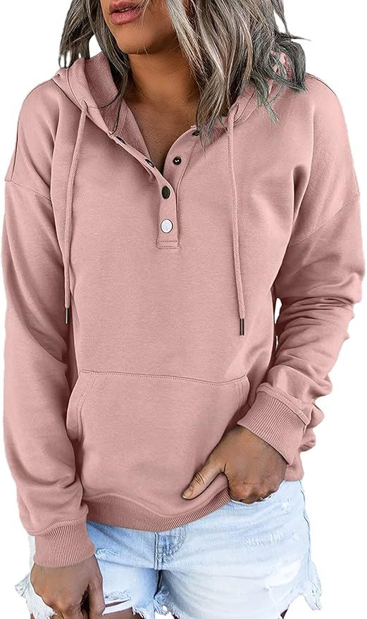Dokotoo Womens 2022 Casual Button Collar Drawstring Long Sleeve Hoodies Pullover Sweatshirts Hood... | Amazon (US)