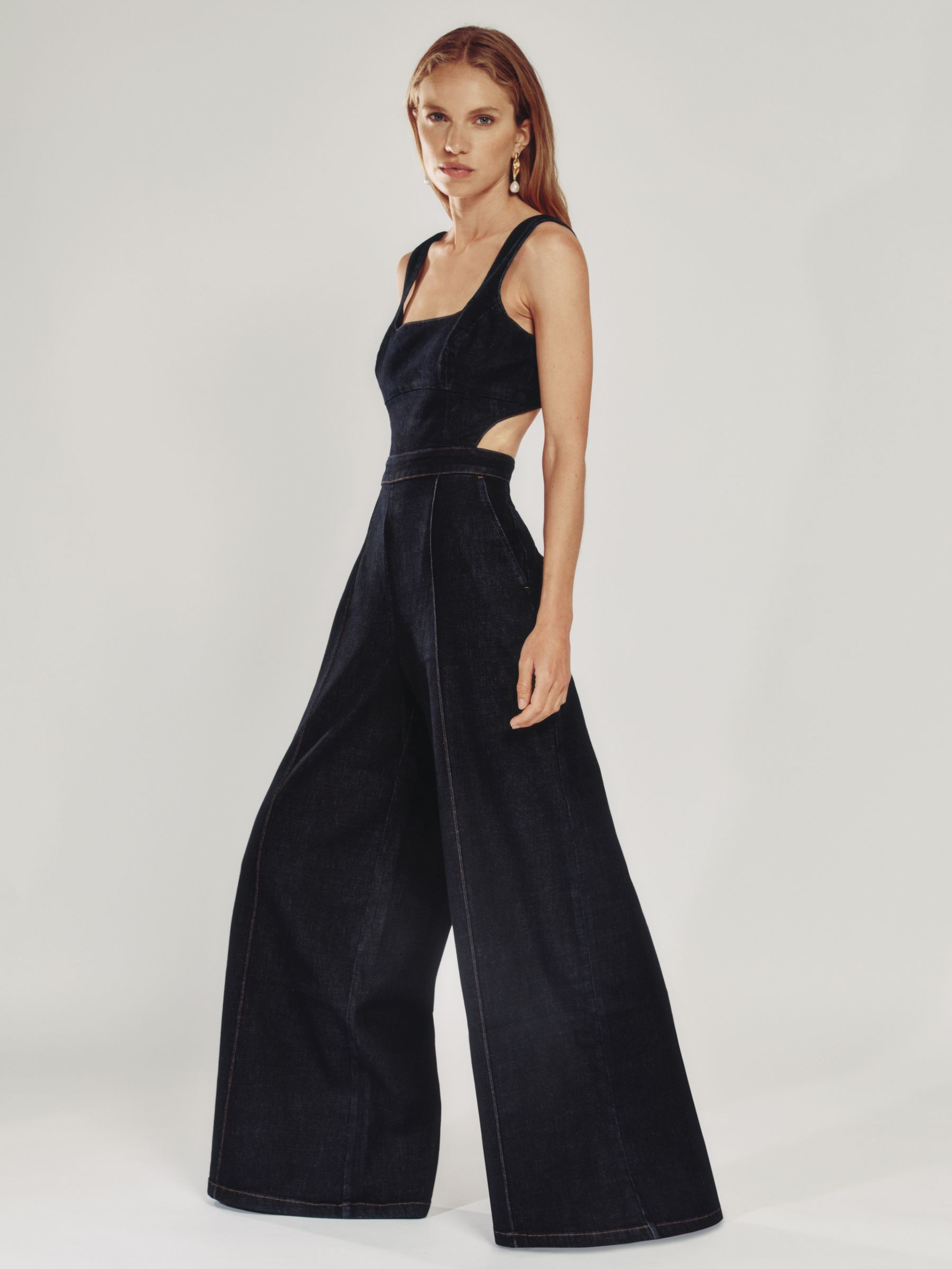 Reiss Wide-Leg Cut-Out Denim Jumpsuit in Dark Blue | REISS | Reiss US