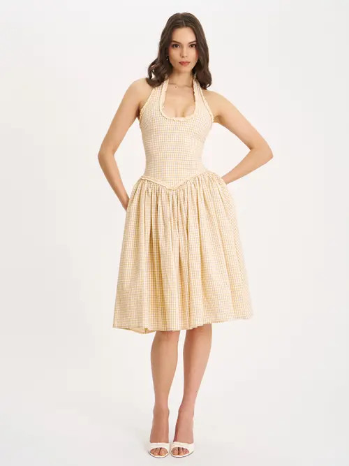 Miss Circle Idella Gingham U Neck Midi Dress in Yellow Gingham at Nordstrom, Size Small | Nordstrom
