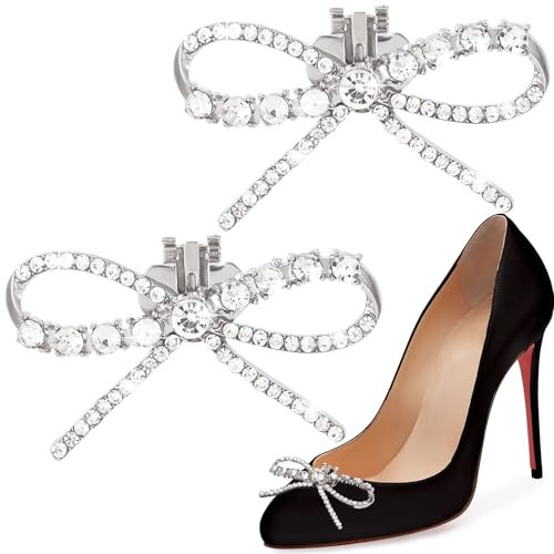 SmallCat 1 Pair Rhinestone Bow Shoe Clips for Women, Glitter Detachable Crystal Shoe Decoration Charm, Sparkling Shoe Buckles for Wedding, Party, High Heels - Silver | Amazon (US)