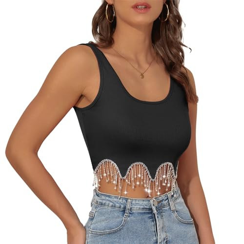 Century Star Crop Tops for Women Rhinestone Fringe Top Sparkly Womens Tank Tops Sequin Glitter Cropped Tank Concert Y2K Tops Black Small | Amazon (US)