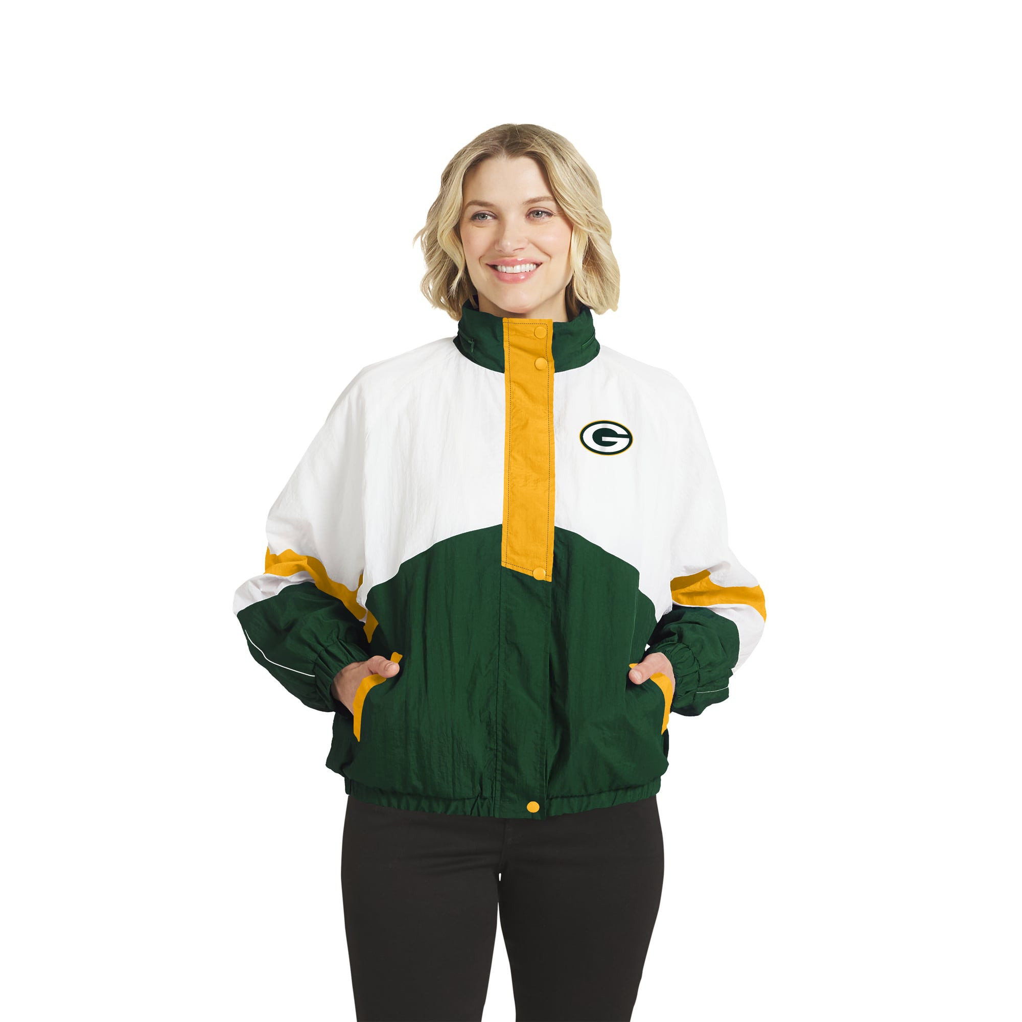 Green Bay Packers WEAR by Erin Andrews Women's Crinkle Full-Snap Hooded Windbreaker Jacket - Whit... | Fanatics
