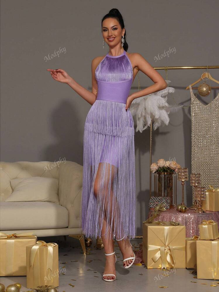 Modphy New Ladies Sexy Solid Backless Halter Fringe Dress, For Holiday, Evening Party, Birthday P... | SHEIN