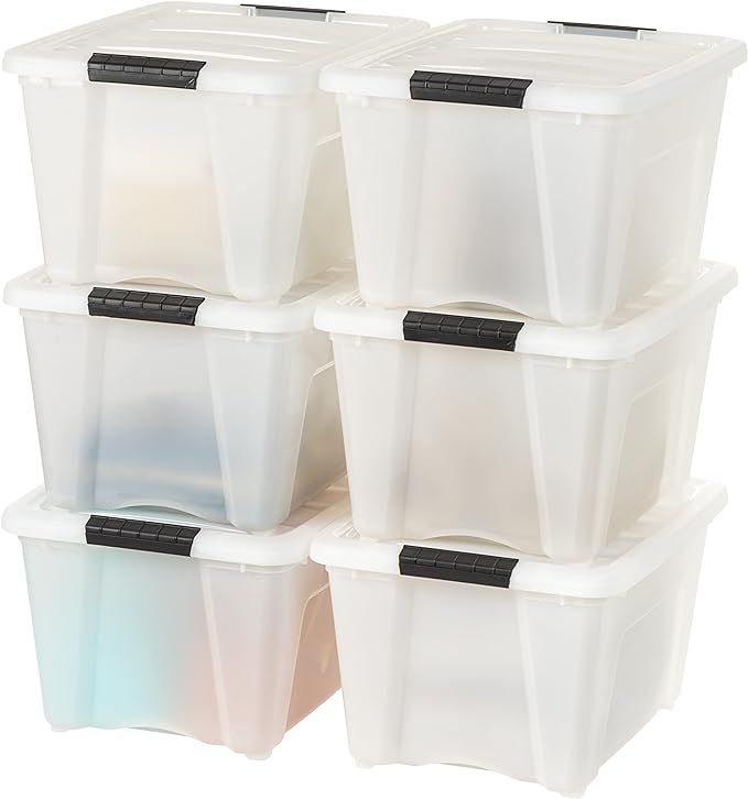 IRIS USA 32 Quart Stackable Plastic Storage Bins with Lids and Latching Buckles, 6 Pack - Pearl, ... | Amazon (US)